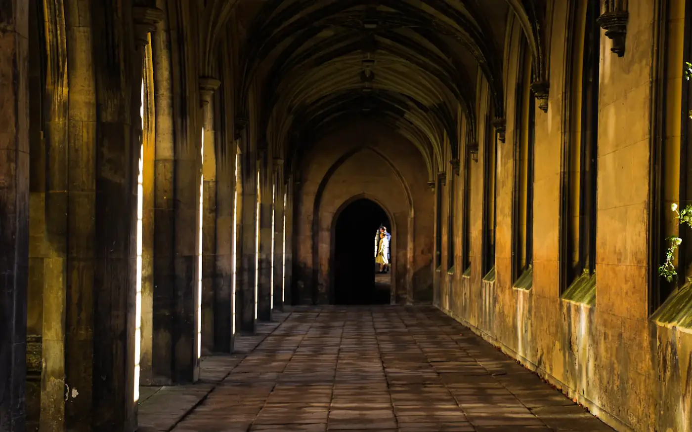 A long arched corridor in a historic university building